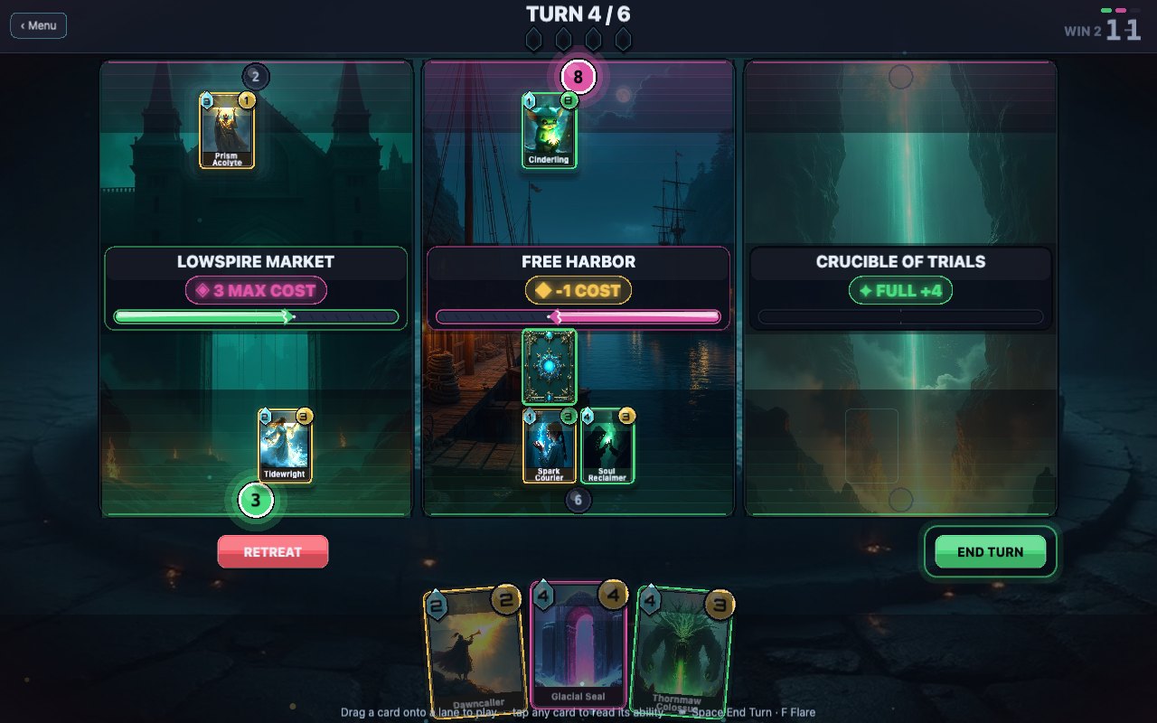 A turn-four battle at Lowspire Market, Free Harbor and Crucible of Trials, with cards in hand and an End Turn button.